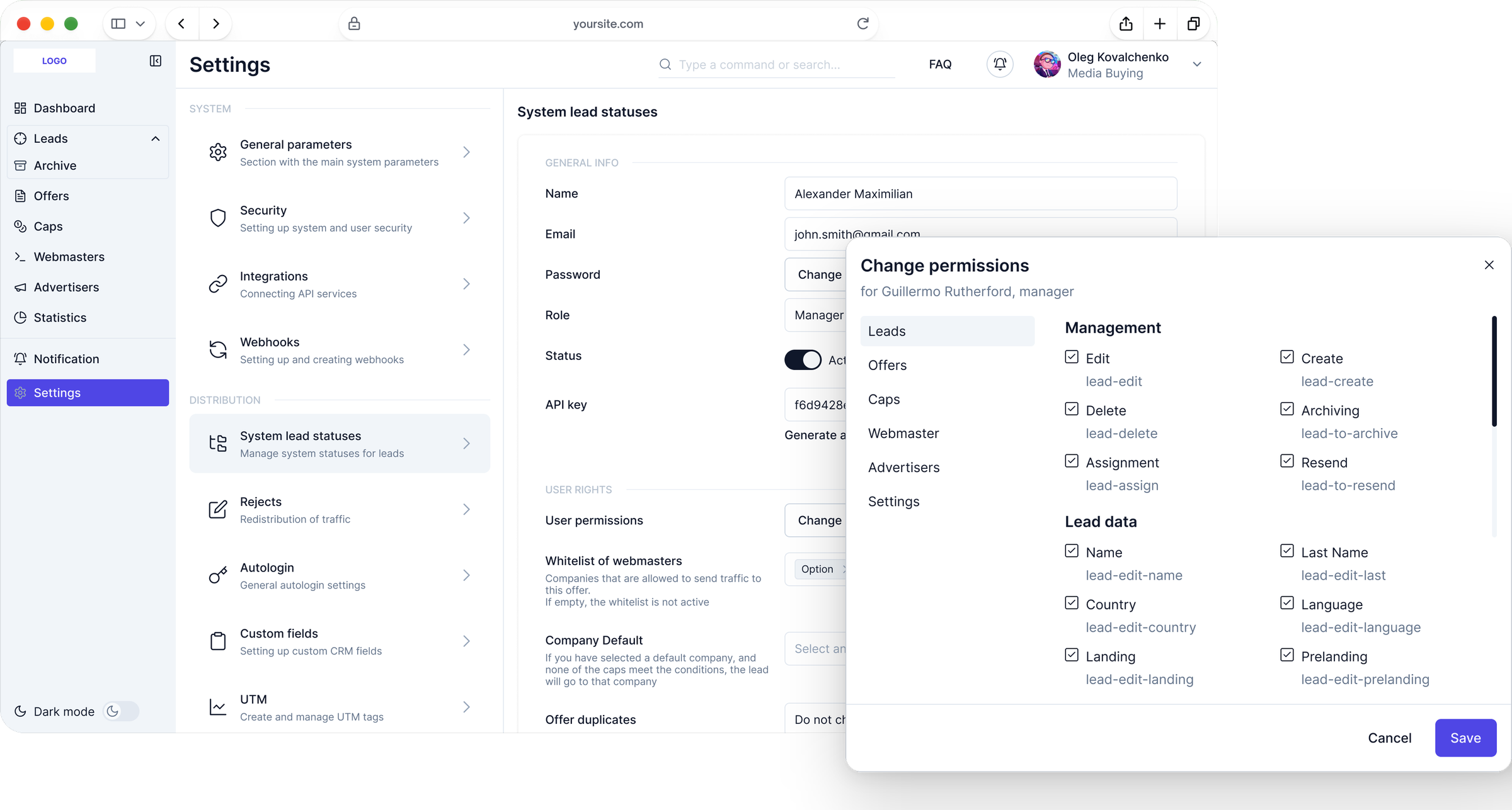 User settings with the Change permissions window: rights grouped by module, each one a checkbox
