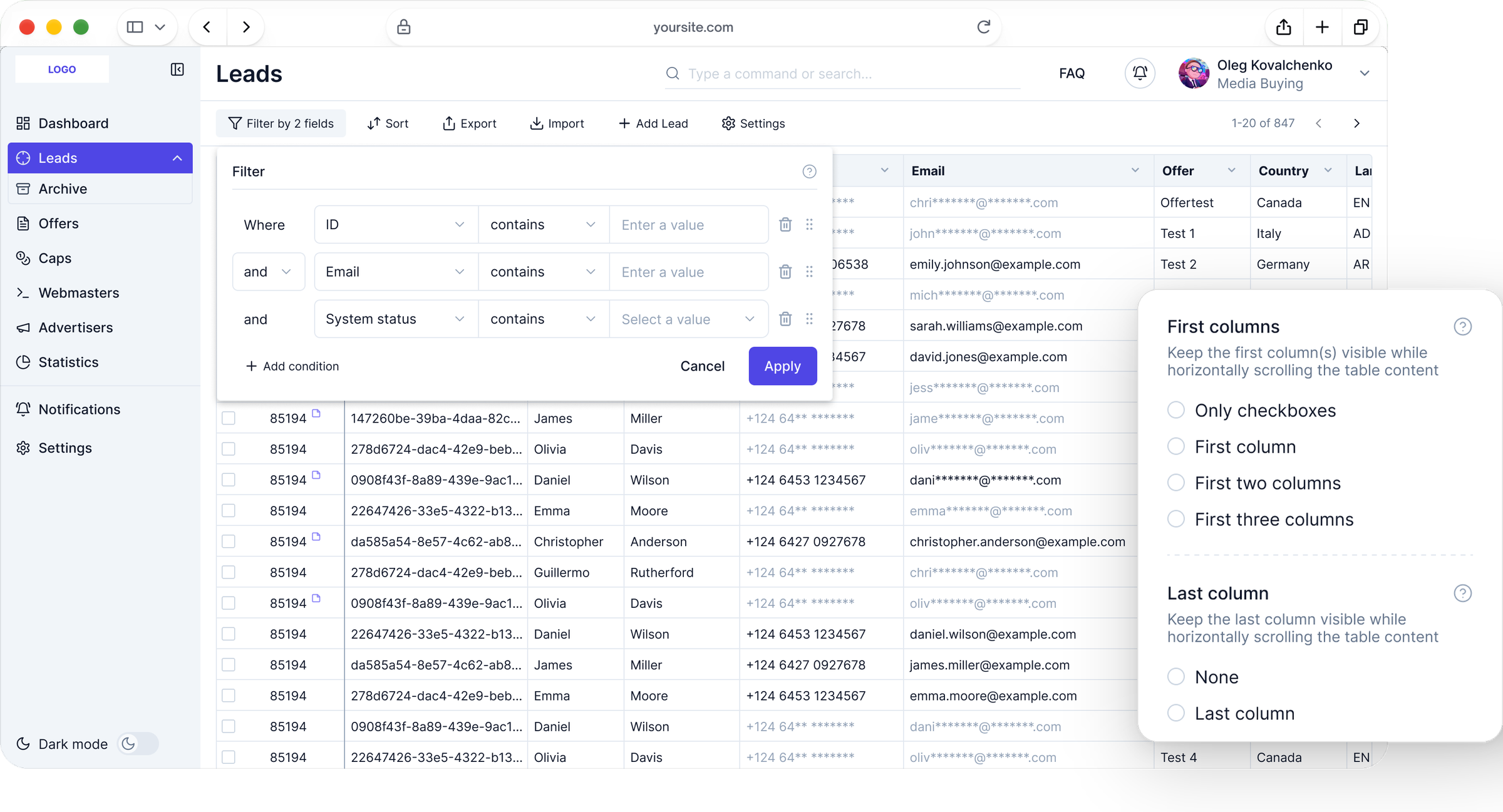 Leads table with the filter open and the options to pin the first and last columns