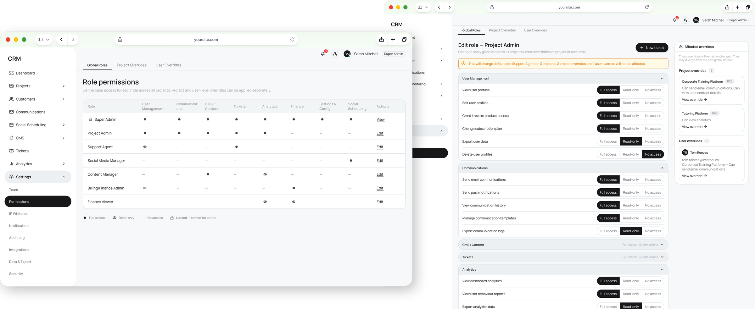 Role permissions matrix, and editing a role with the list of overrides the change affects