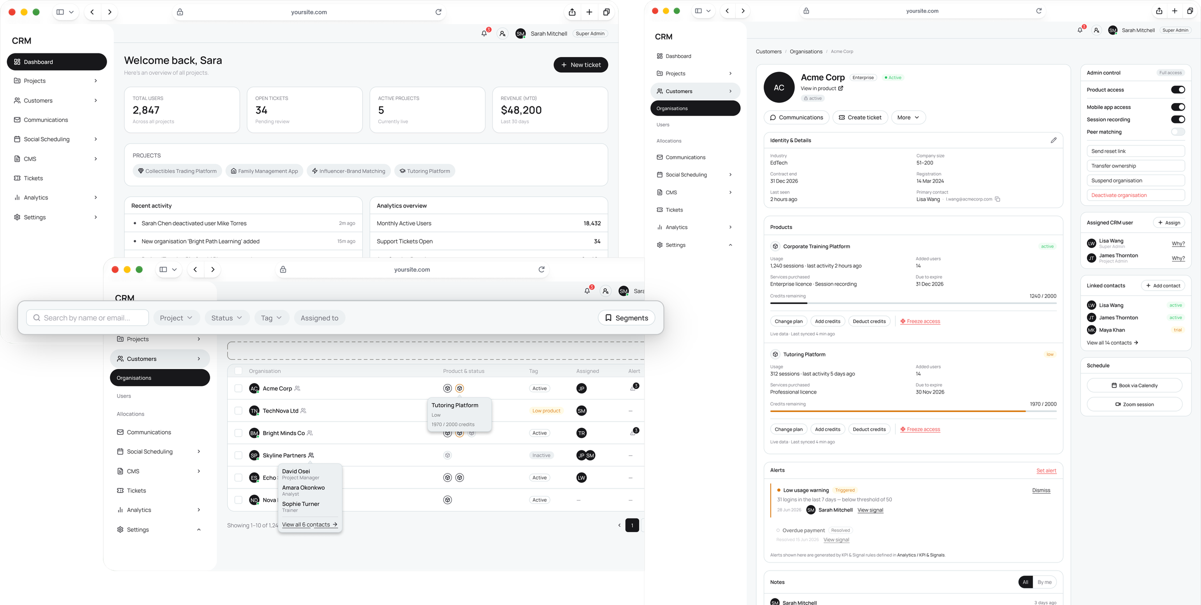 Master CRM dashboard, all organisations list with filters, and an organisation profile