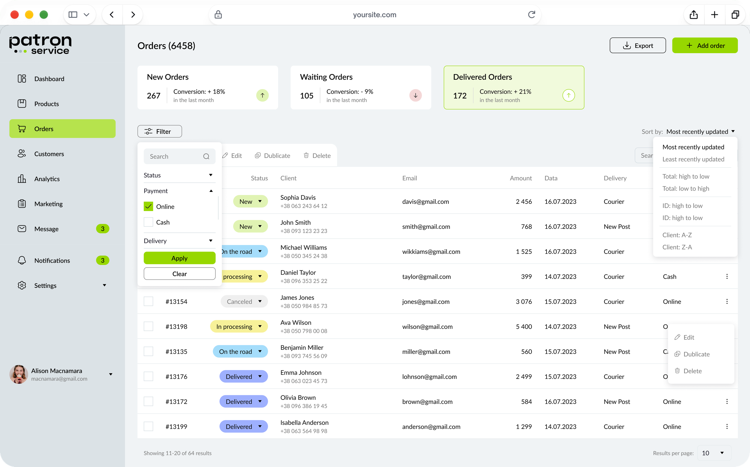 Admin panel: orders with order counters, the filter panel, sorting and quick actions