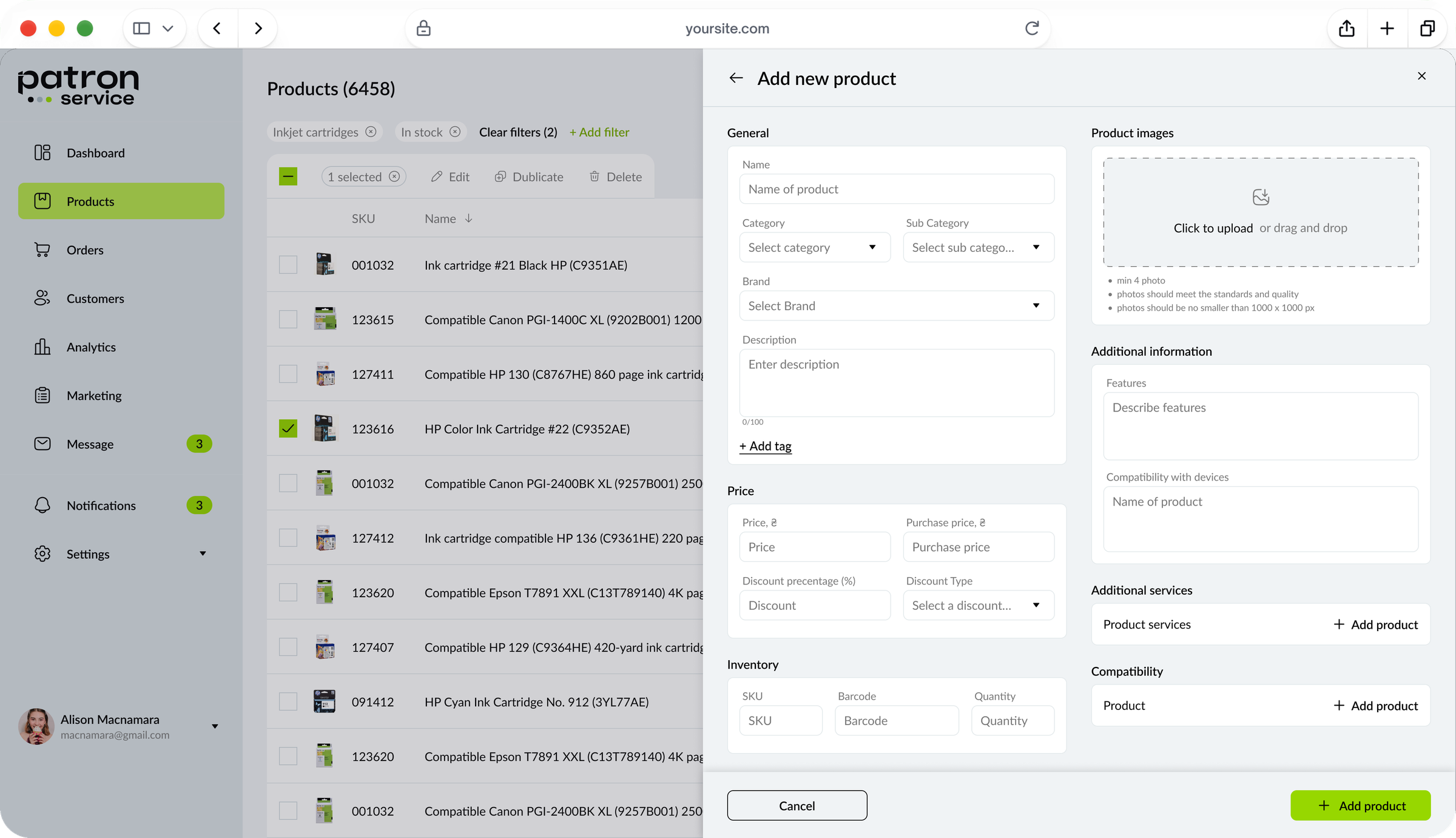 Admin panel: products list with the Add new product drawer