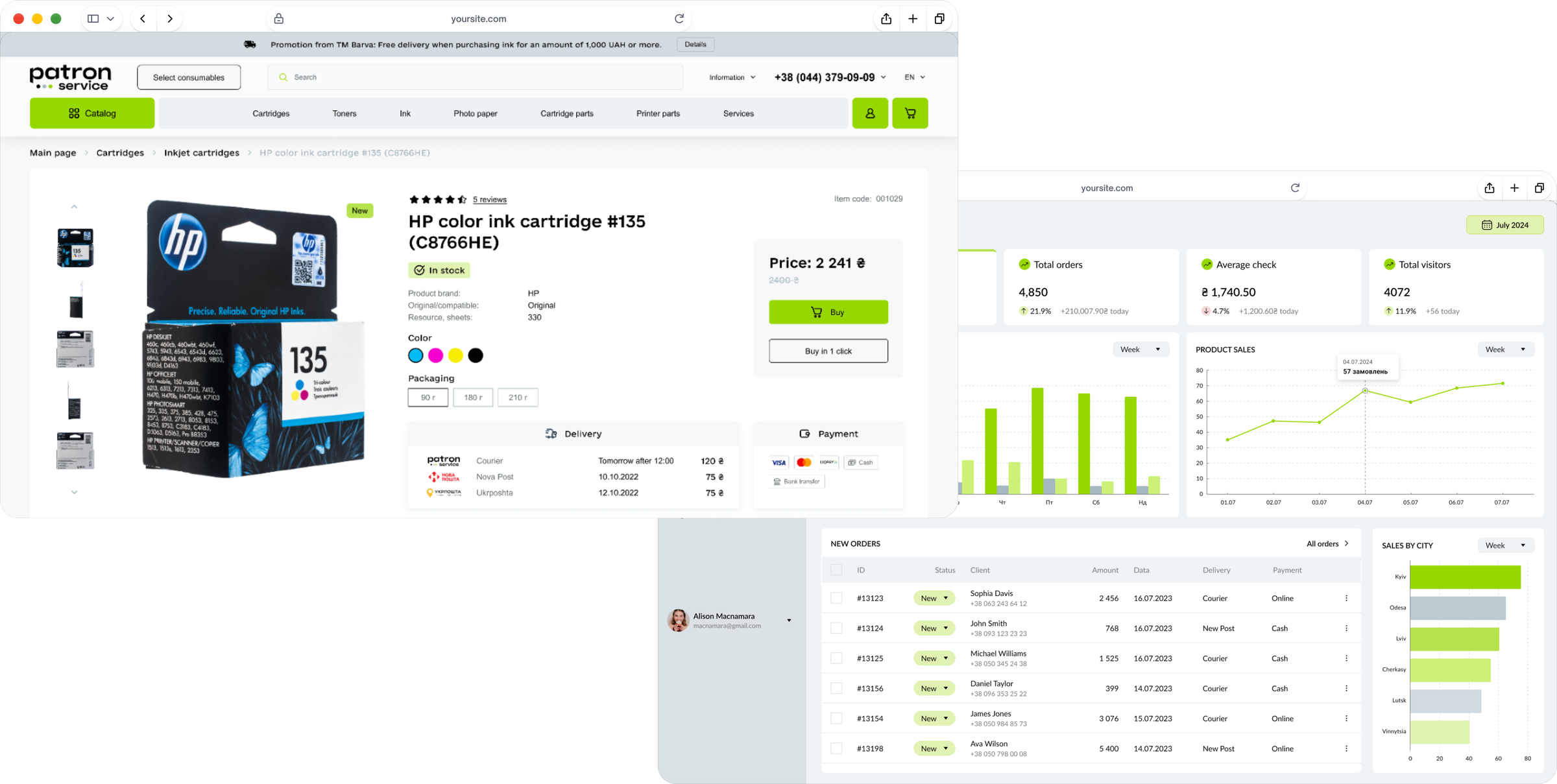 E-commerce: storefront product page in front of the admin panel dashboard