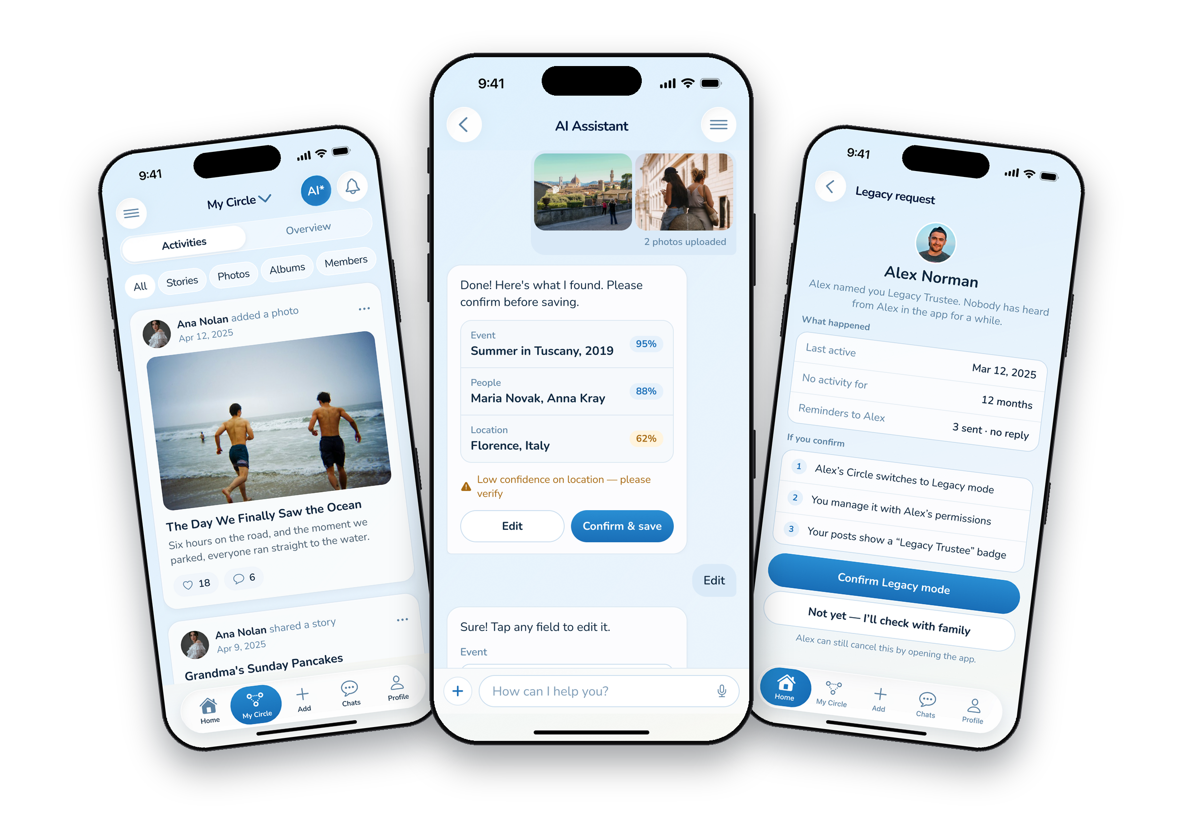 Memory app UI: the Circle feed, AI review with confidence, the Trustee’s Legacy request