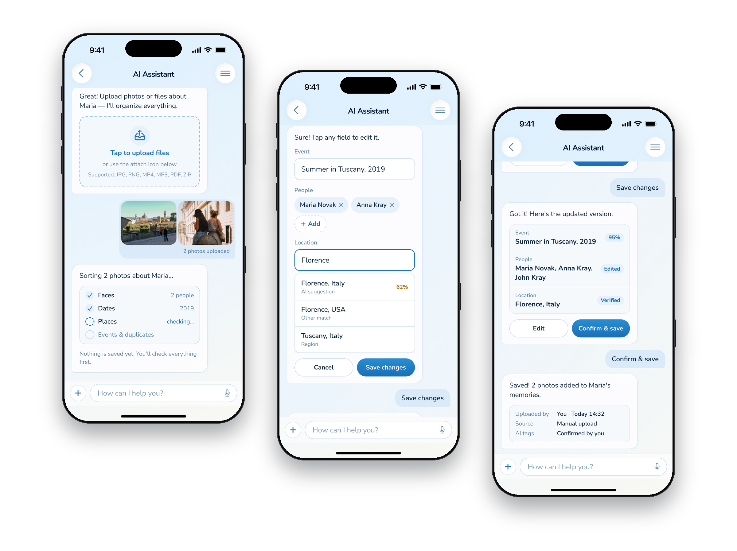 Three UI screens of one AI Assistant chat: AI sorting two photos, editing the place with suggestions, and the saved summary with who confirmed the tags